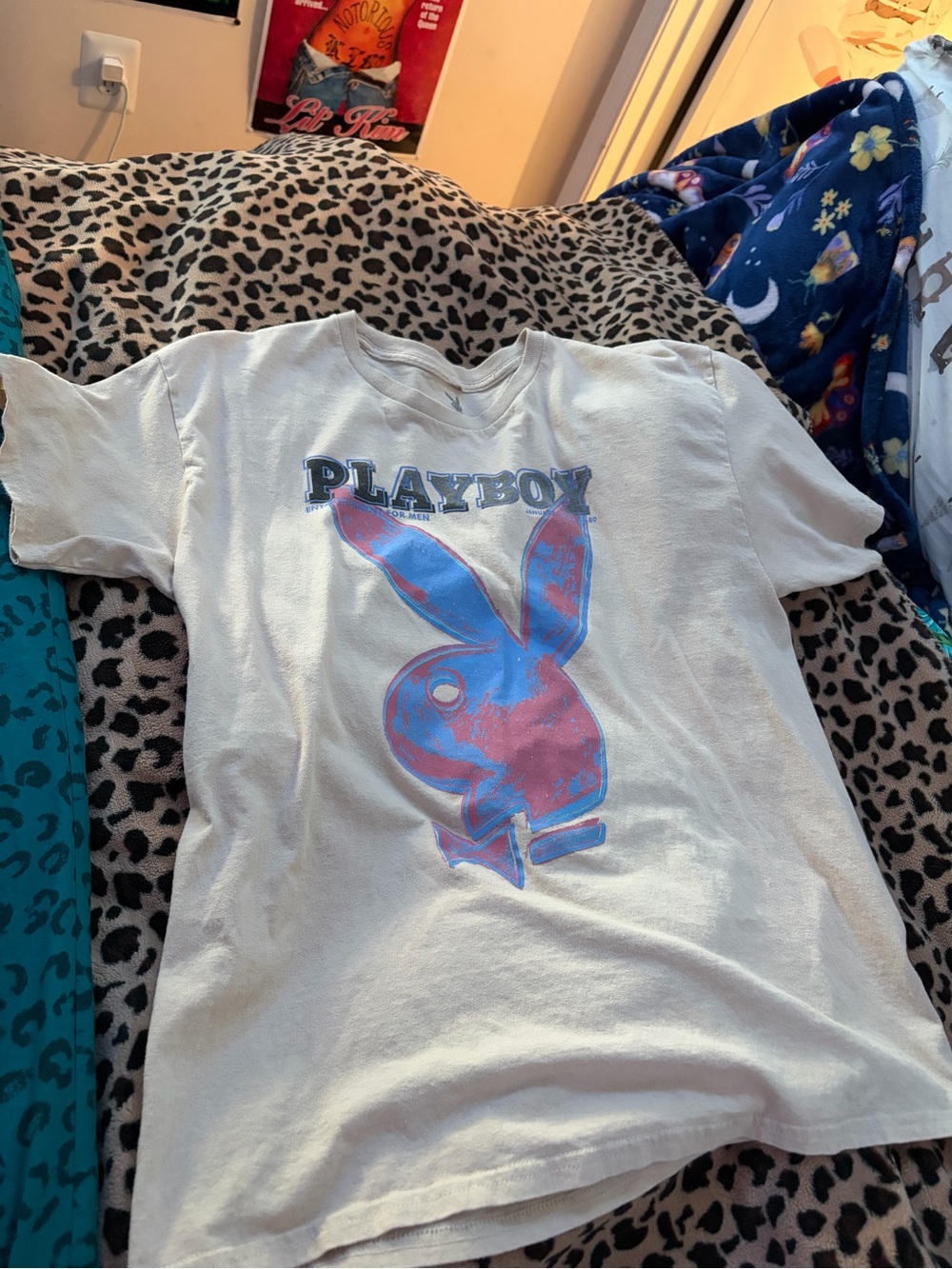 Playboy Graphic Logo Tee in Off White Beige with Pink & Blue Print - Picture 1 of 3